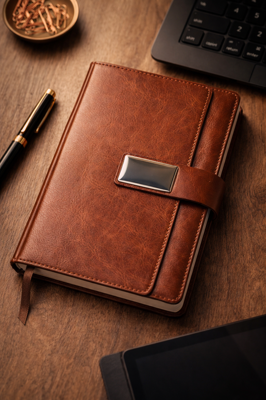Brown leather notebook with a metal clasp on a wooden surface with a pen and tablet.