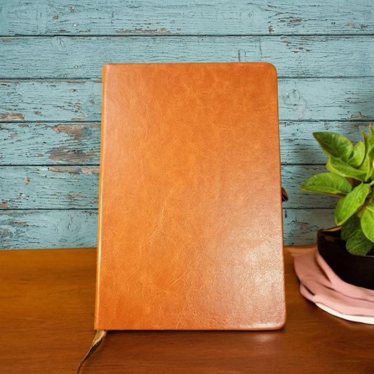 Brown leather notebook on a wooden surface with a plant in the background