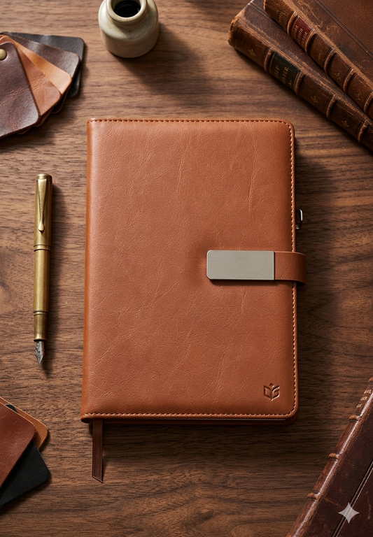 Brown leather notebook with a metal clip on a wooden surface with writing instruments.