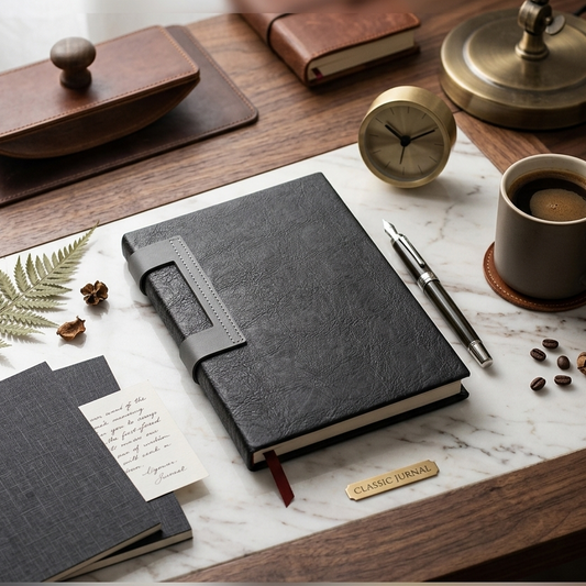 Black leather notebook on a marble desk with a cup of coffee, pen, and decorative items.