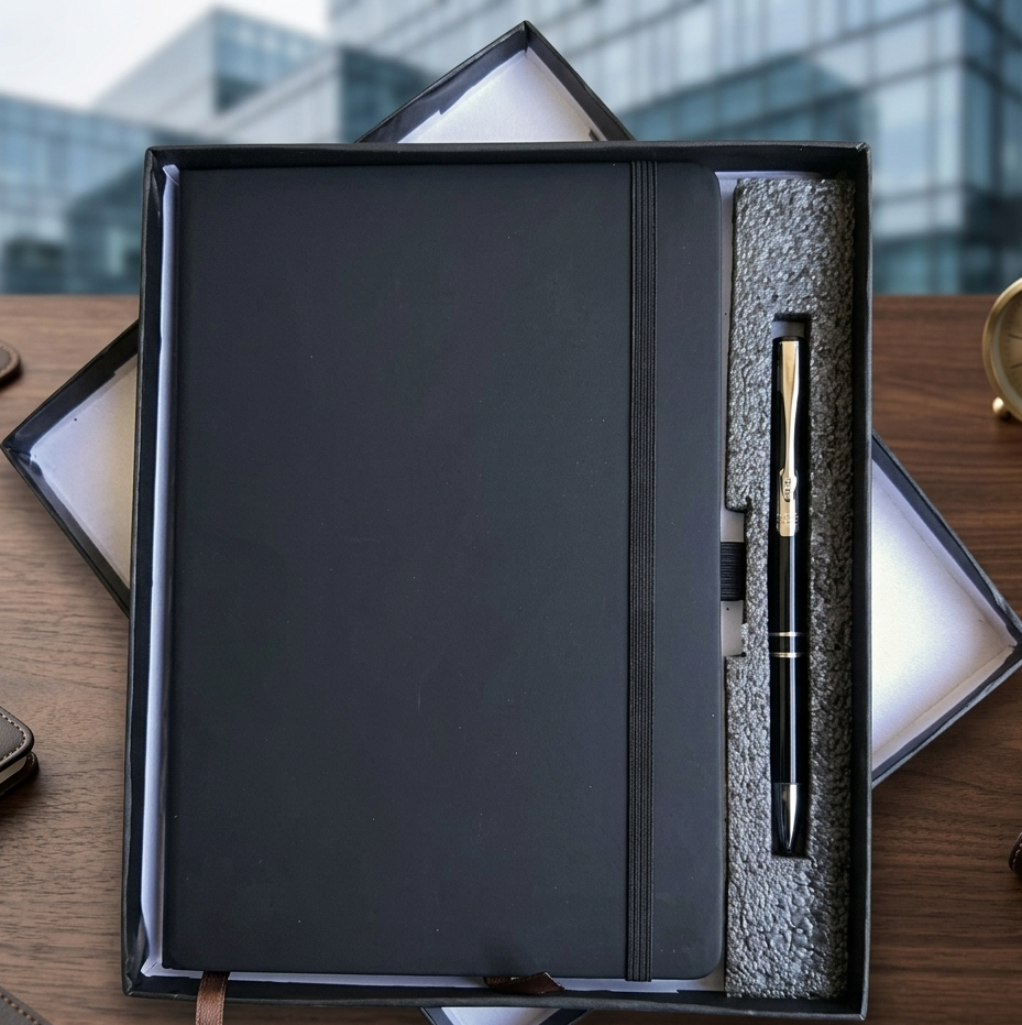 Black leather notebook with pen in a decorative box on a wooden surface with blurred office building background.