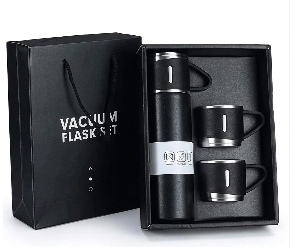 Stainless Steel Vacuum Flask Set with 3 Steel Cups Combo (500 ml) MOQ 10 Pcs