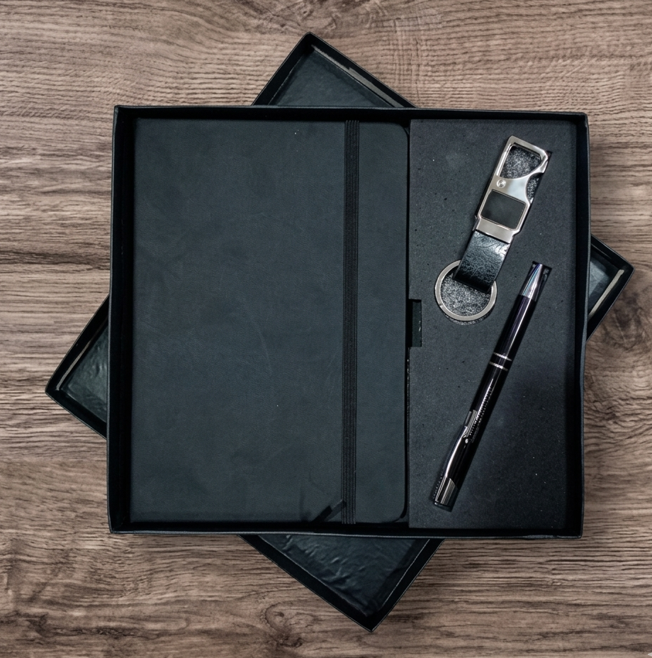 Black leather-bound notebook with pen and keychain on a wooden surface