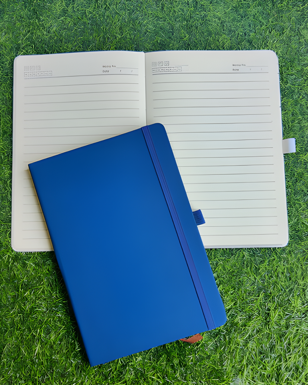 Blue notebook on a grass background