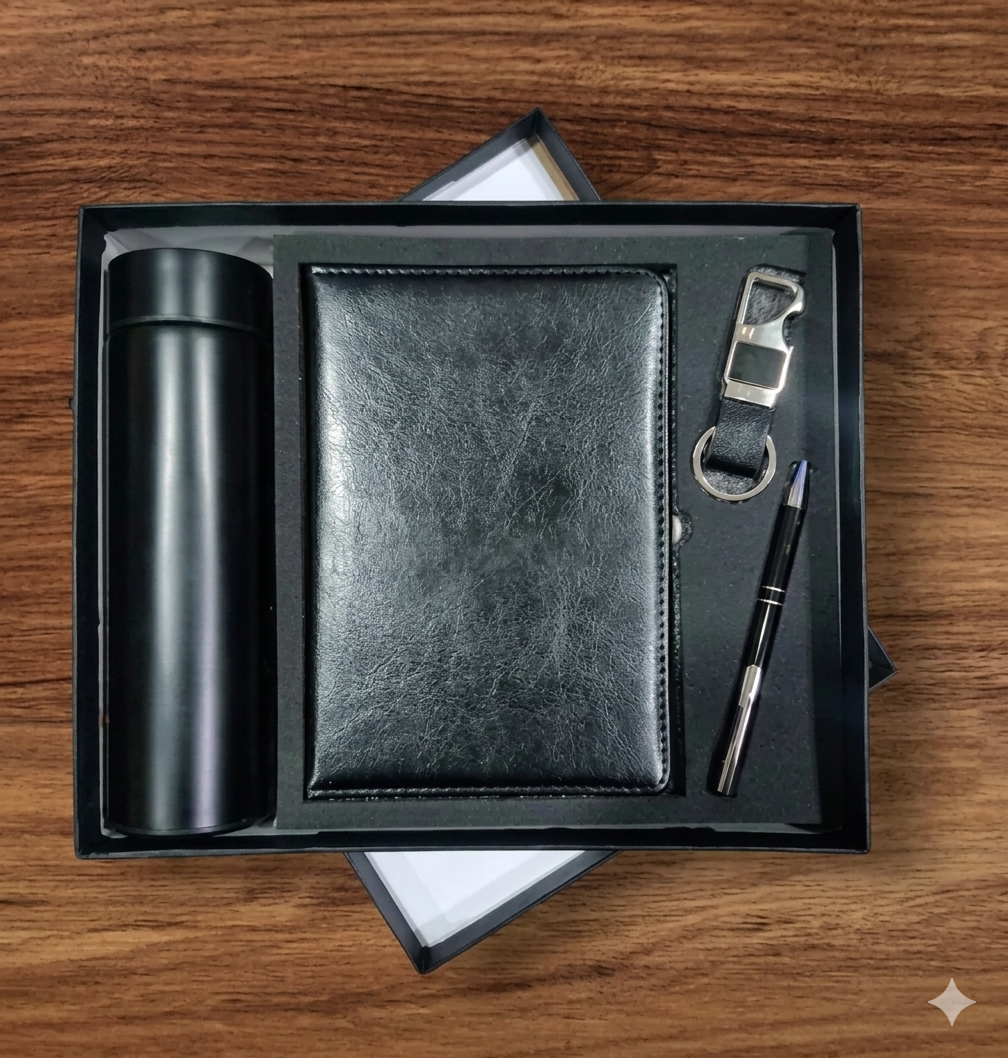 Black leather notebook, pen, bottle opener, and tumbler set on a wooden surface