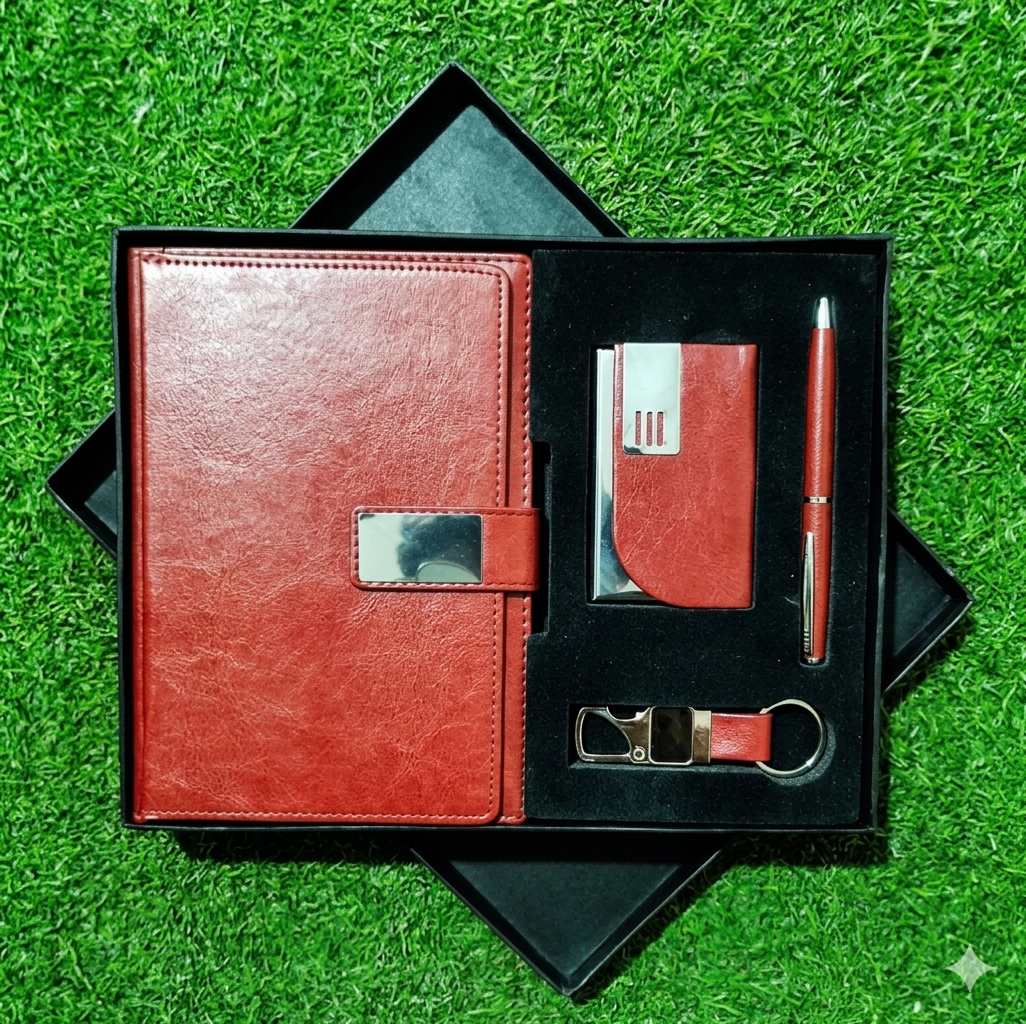 Red leather notebook set with pen, cardholder, and bottle opener on green grass
