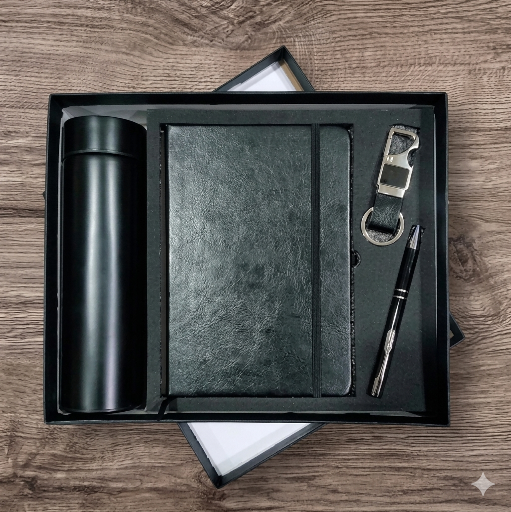 Set of stationery items including a notebook, pen, and travel mug in a black box on a wooden surface.