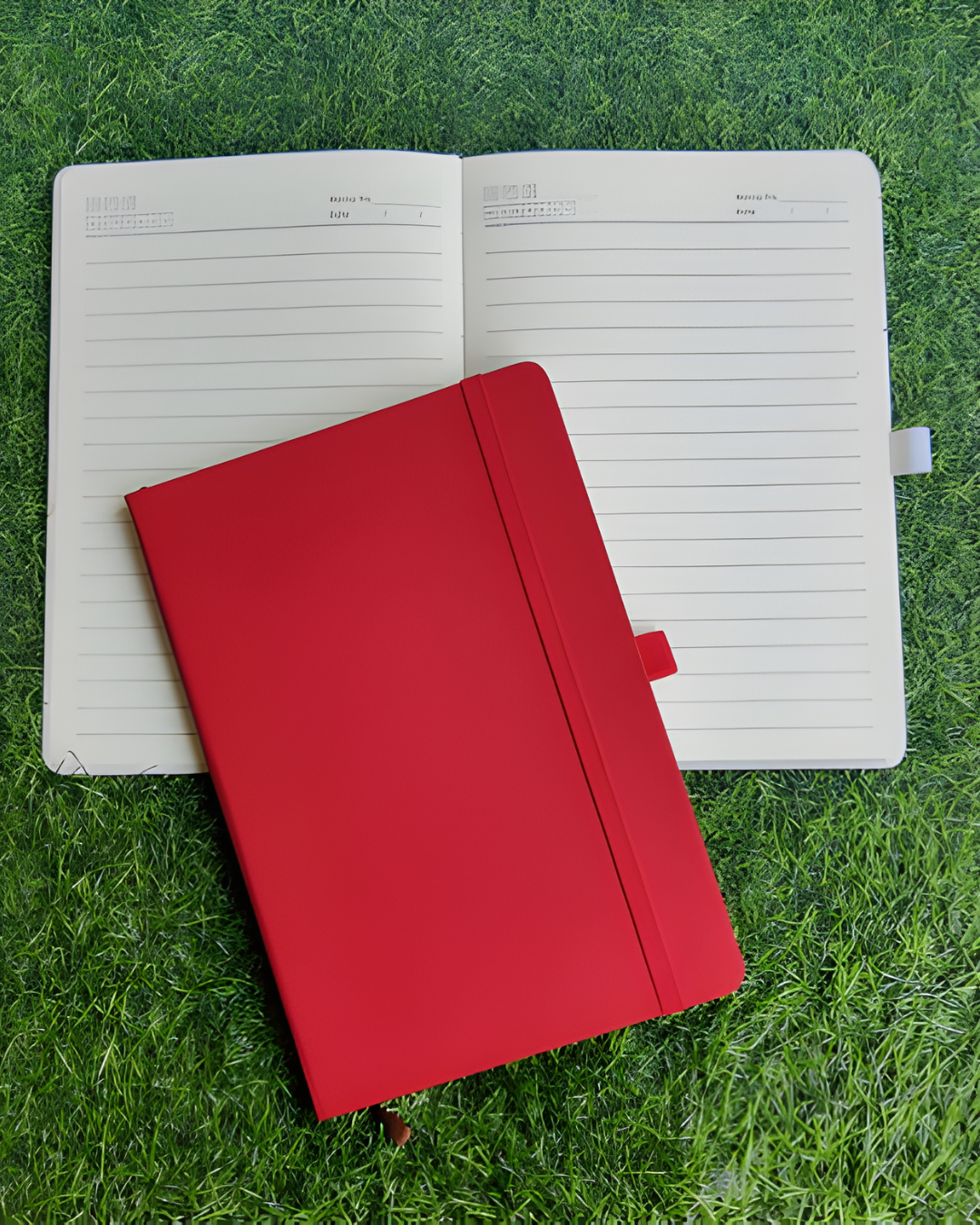 Red notebook on grass with an open notebook showing lined pages
