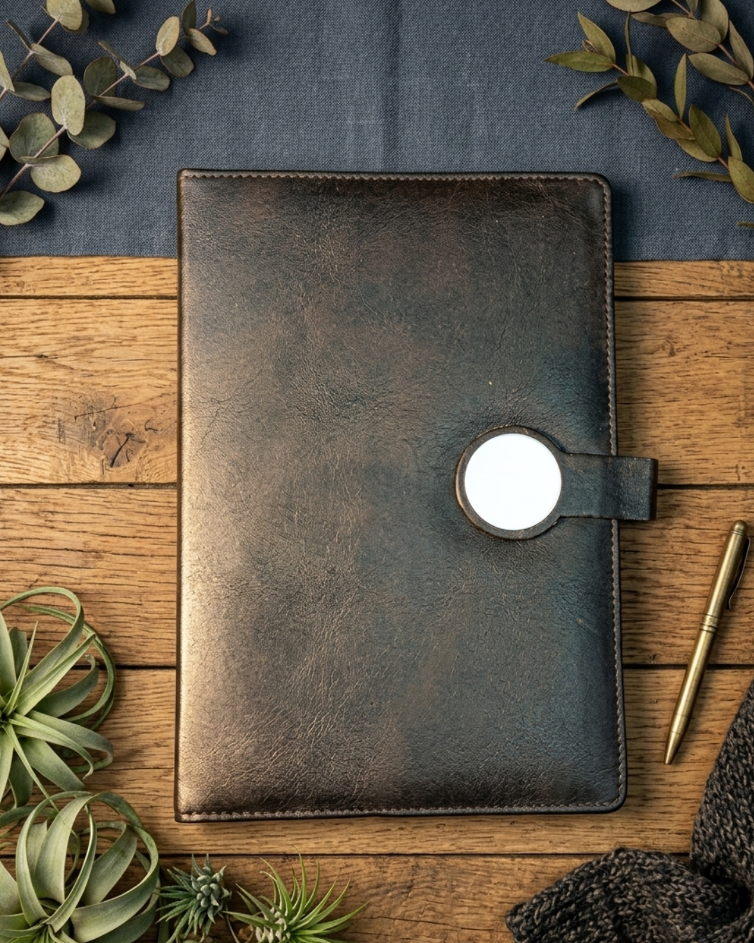 Brown leather notebook with a circular hole on a wooden surface with plants and a pen.