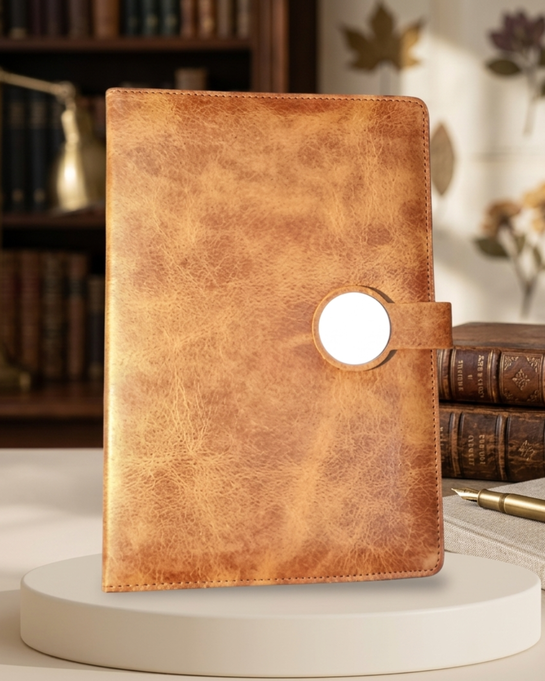 Brown leather notebook with a circular hole on a white surface with books and a pen in the background.
