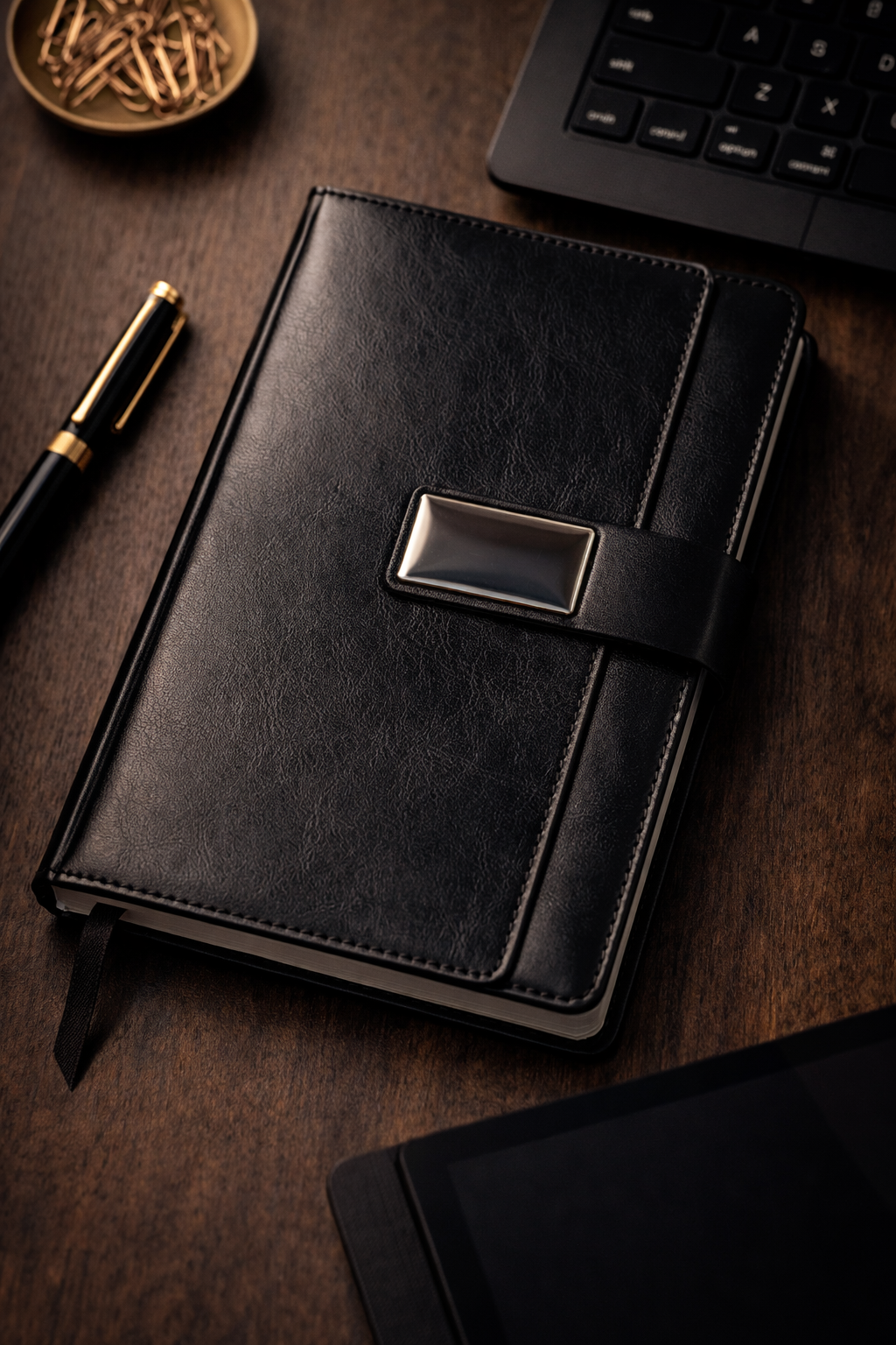 Black leather notebook with a metal clasp on a wooden surface with a pen and keyboard.