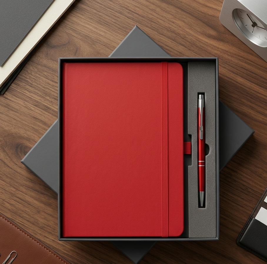 Red notebook and pen set in a gray box on a wooden surface
