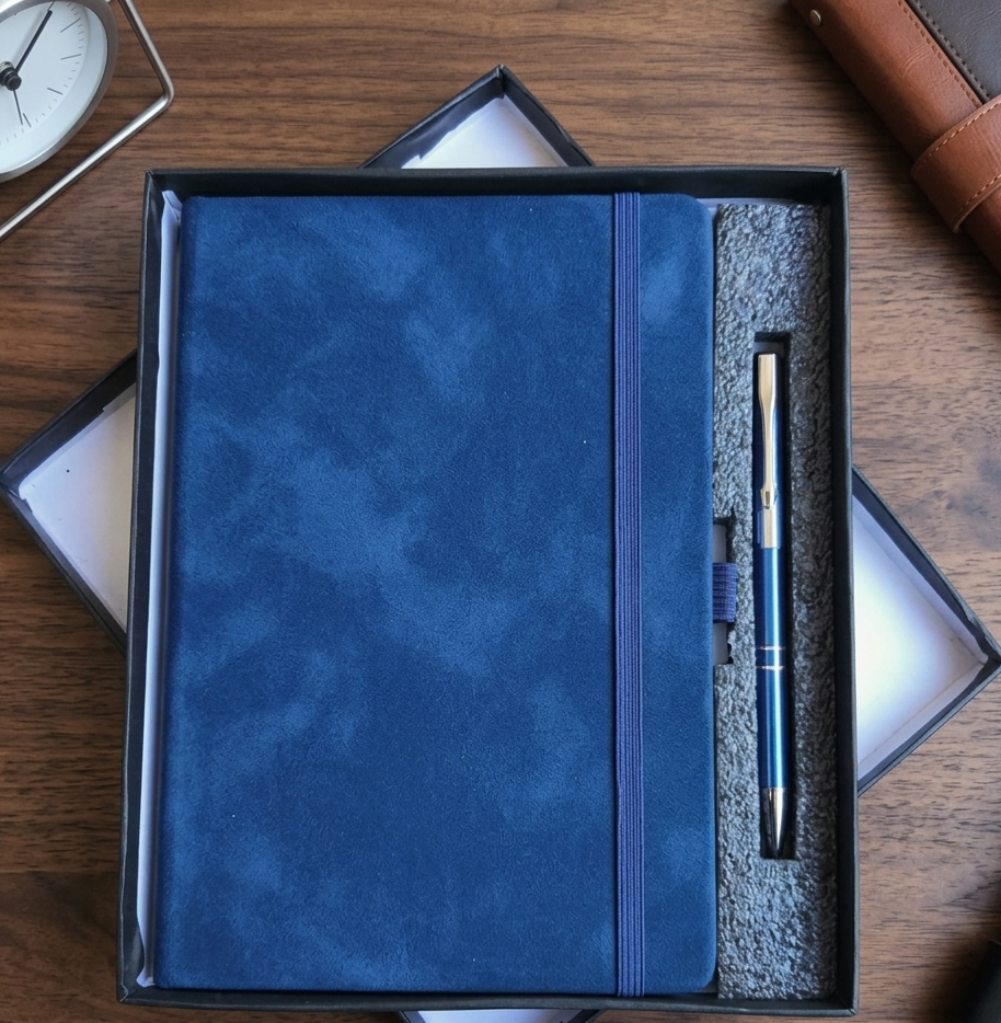 Blue notebook with a pen in an open box on a wooden surface