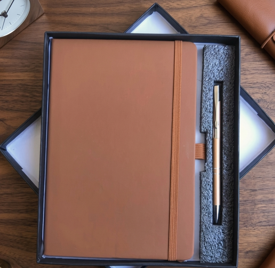 Brown leather notebook with a pen in a black box on a wooden surface