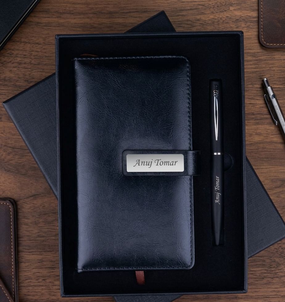 Black leather wallet and pen set with 'Amy Tomar' branding on a wooden surface.