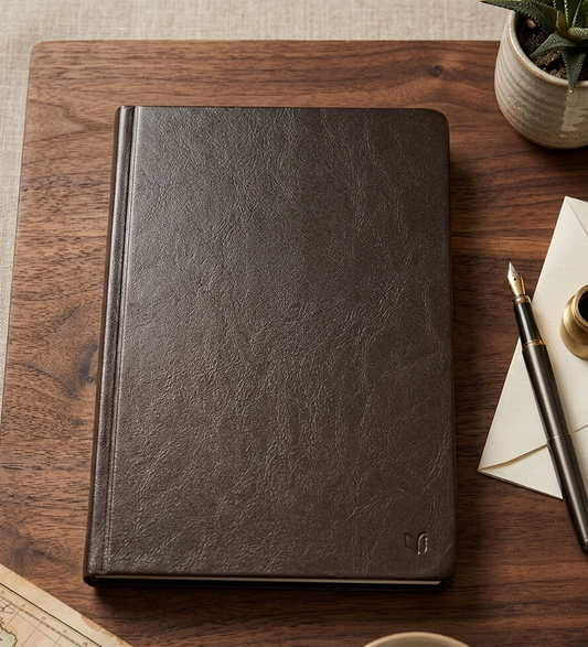Dark leather notebook on a wooden surface with a pen, paper, and cup of coffee.
