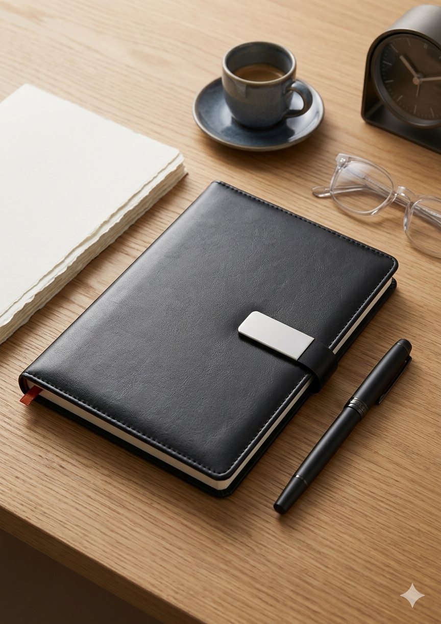 Black leather notebook with a pen on a wooden surface with a cup of coffee and glasses.