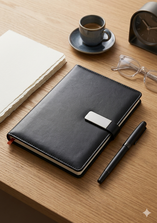 Black leather notebook with a pen on a wooden surface with a cup of coffee and glasses.
