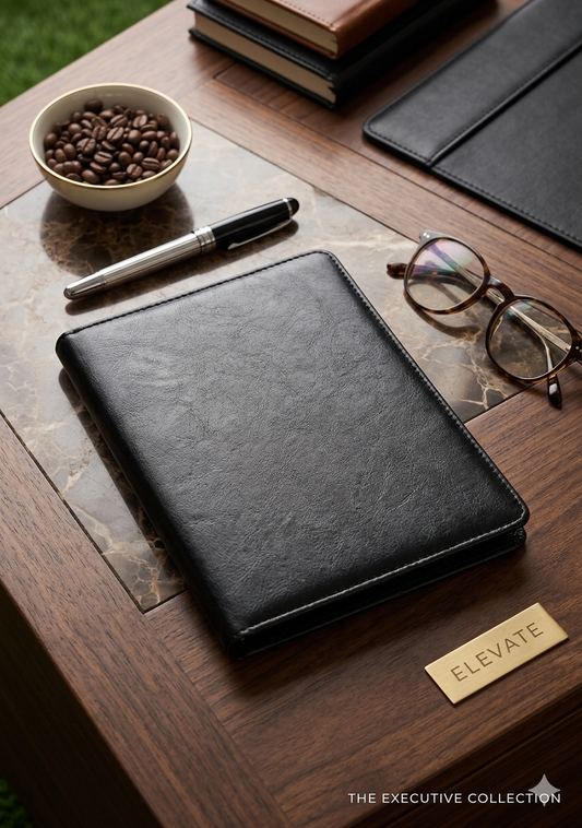 Black leather notebook on a wooden desk with coffee beans, glasses, and a pen.