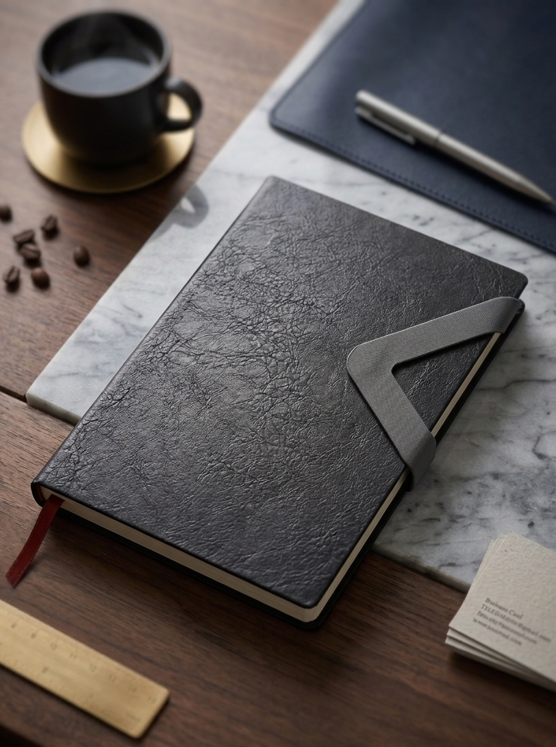 Dark leather notebook on a wooden surface with coffee, pen, and ruler.