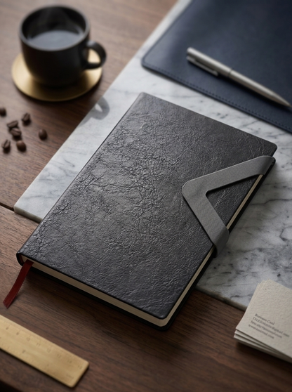 Dark leather notebook on a wooden surface with coffee, pen, and ruler.