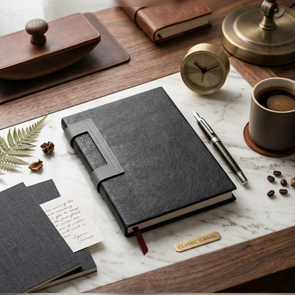 Black leather notebook on a marble desk with a cup of coffee, pen, and decorative items.