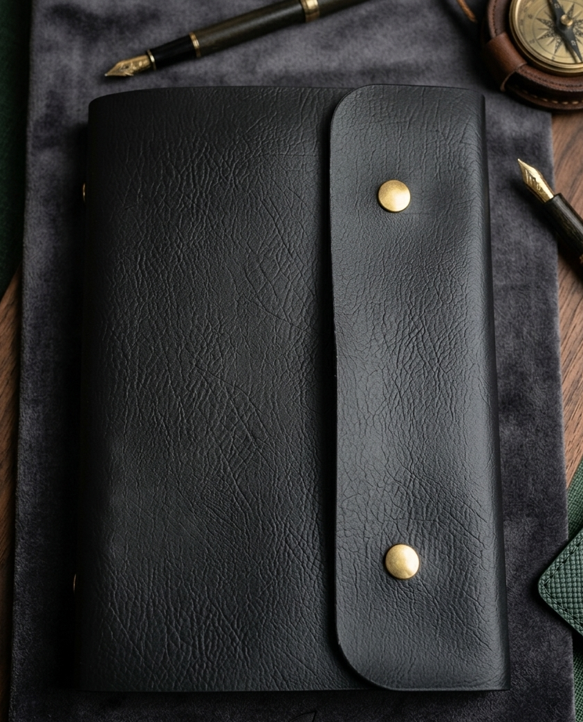 Black leather notebook with gold buttons on a textured surface with pens and a compass.