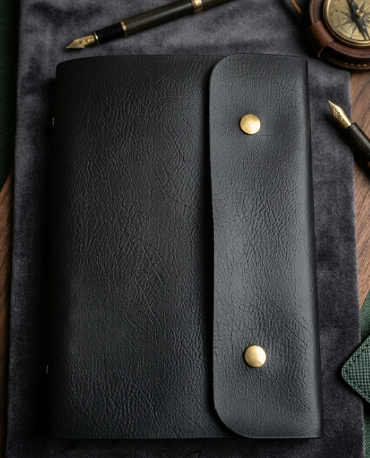 Black leather notebook with gold buttons on a textured surface with pens and a compass.