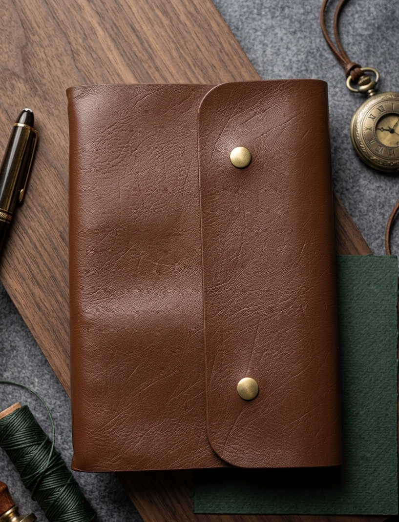 Brown leather notebook with gold buttons on a textured surface with writing tools.