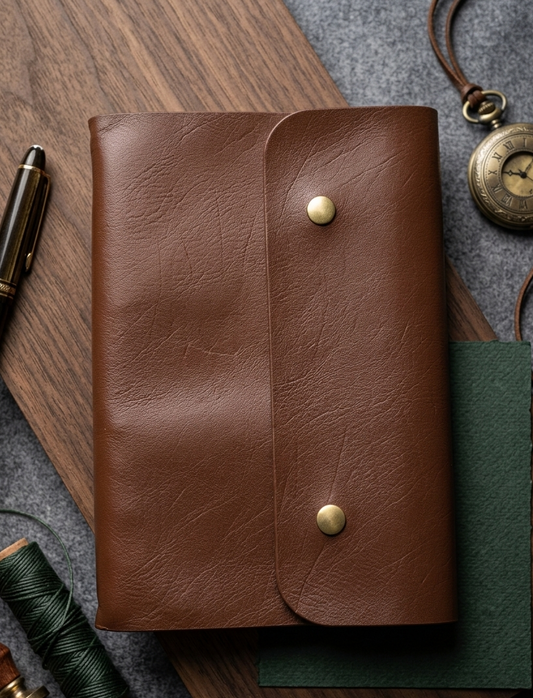 Brown leather notebook with gold buttons on a textured surface with writing tools.