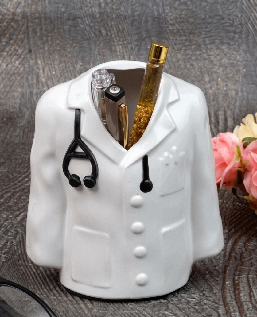 White ceramic doctor's coat-shaped container with a stethoscope on a textured surface with flowers.