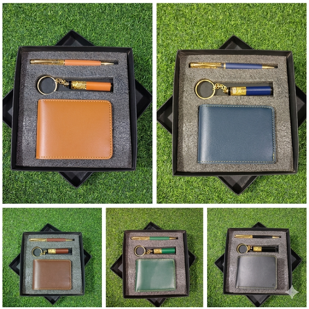 Set of leather wallets with accessories on a green grass background